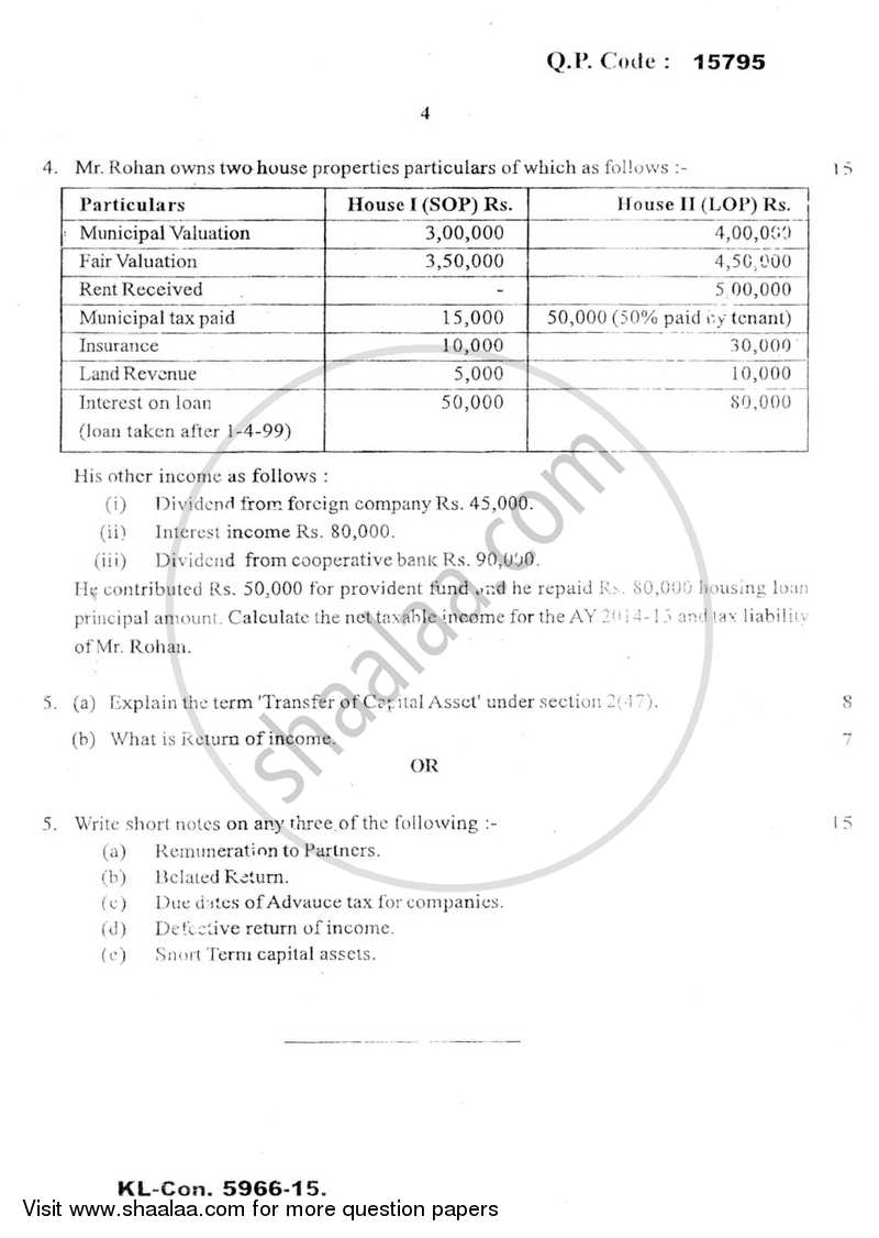 Taxation - 5 (Direct Taxes- 2) 2014-2015 - B.Com. - Semester 6 (TYBAF) - University of Mumbai question paper with PDF download