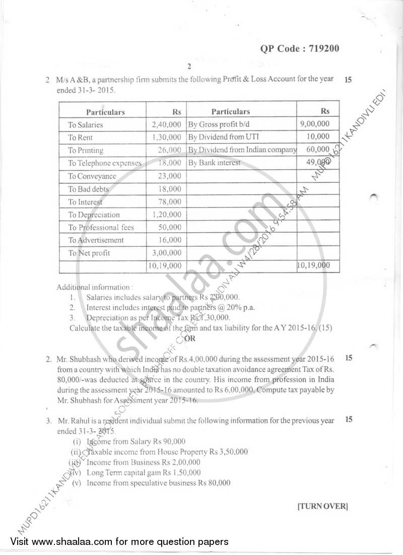 Taxation - 5 (Direct Taxes- 2) 2015-2016 - B.Com. - Semester 6 (TYBAF) - University of Mumbai question paper with PDF download