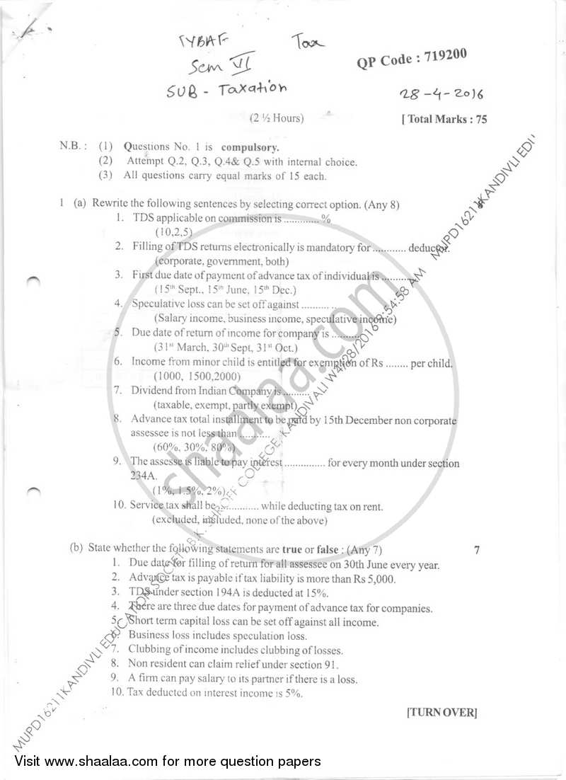 Taxation - 5 (Direct Taxes- 2) 2015-2016 - B.Com. - Semester 6 (TYBAF) - University of Mumbai question paper with PDF download