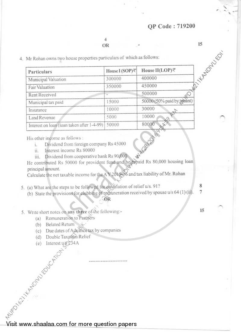 Taxation - 5 (Direct Taxes- 2) 2015-2016 - B.Com. - Semester 6 (TYBAF) - University of Mumbai question paper with PDF download