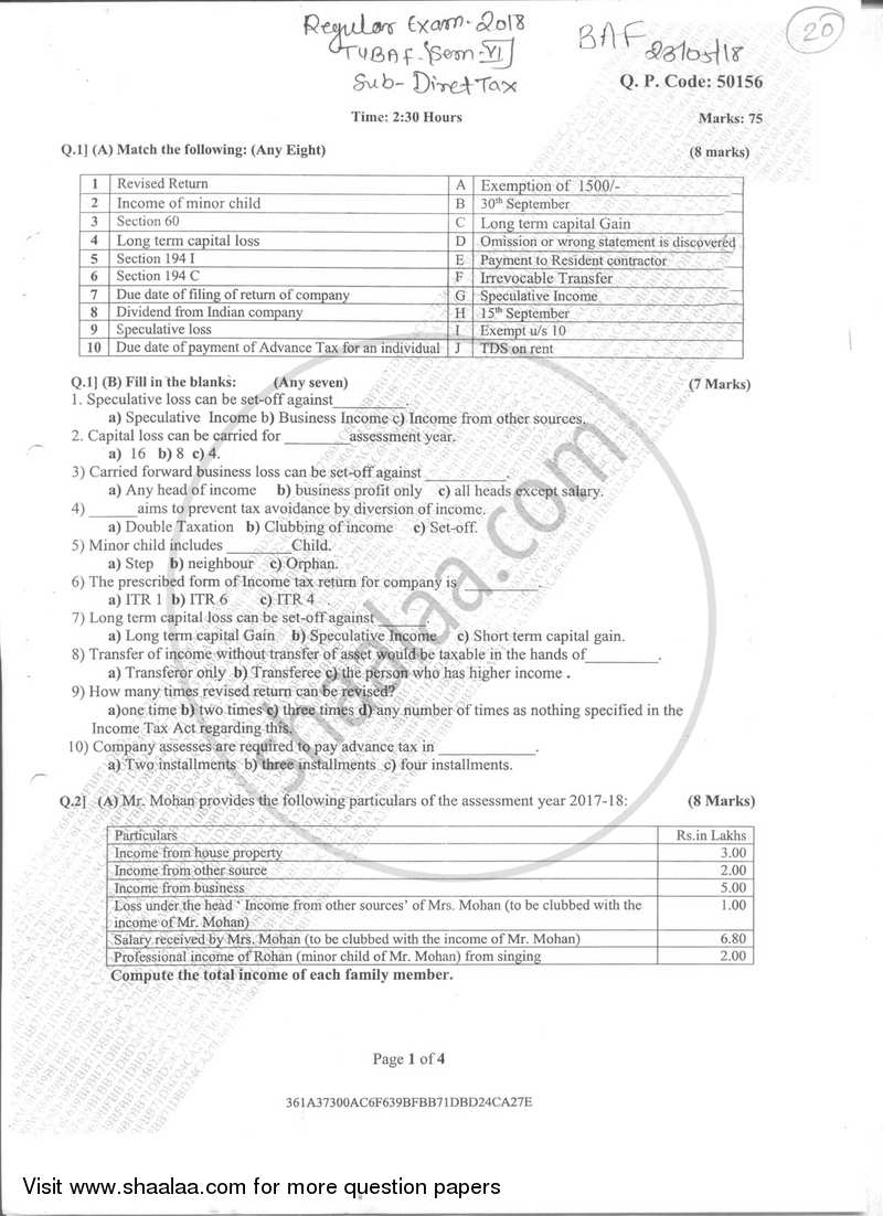 Taxation - 5 (Direct Taxes- 2) 2017-2018 - B.Com. - Semester 6 (TYBAF) - University of Mumbai question paper with PDF download