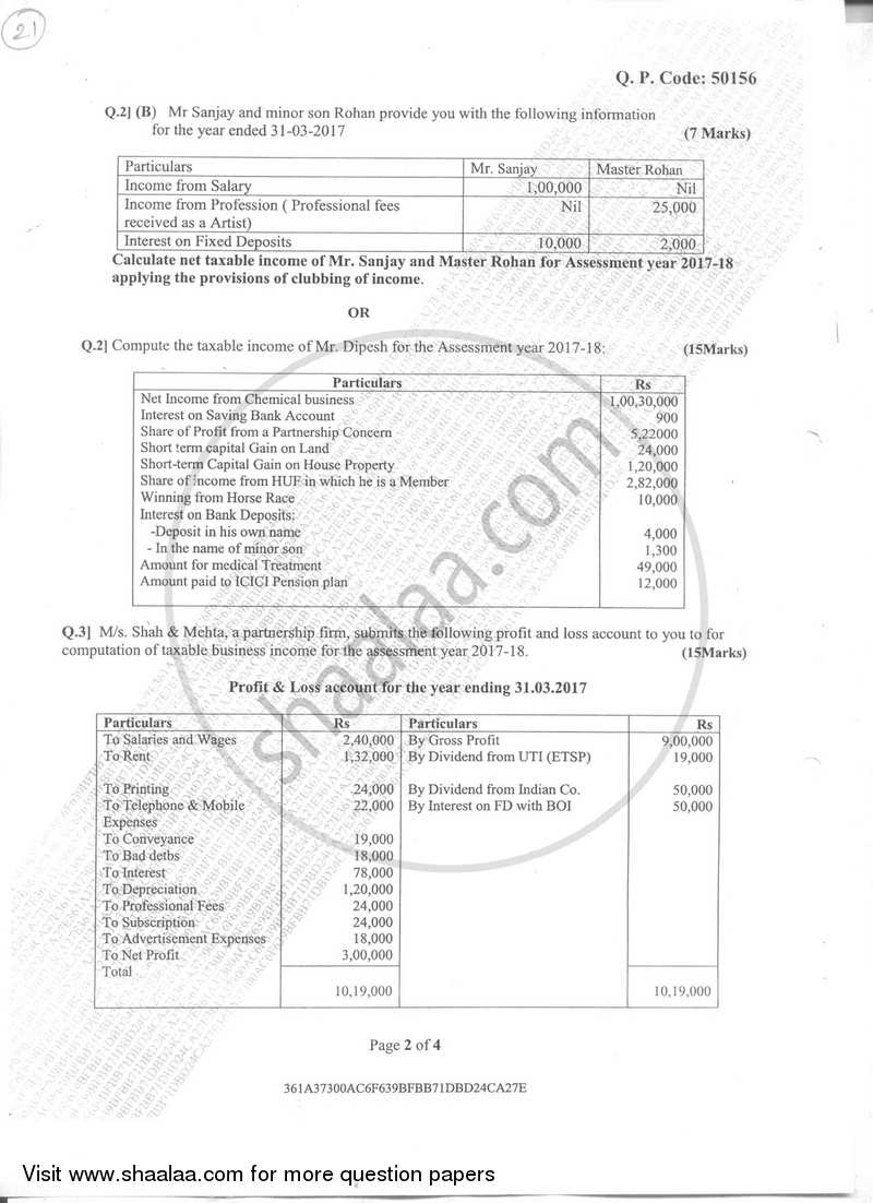 Taxation - 5 (Direct Taxes- 2) 2017-2018 - B.Com. - Semester 6 (TYBAF) - University of Mumbai question paper with PDF download