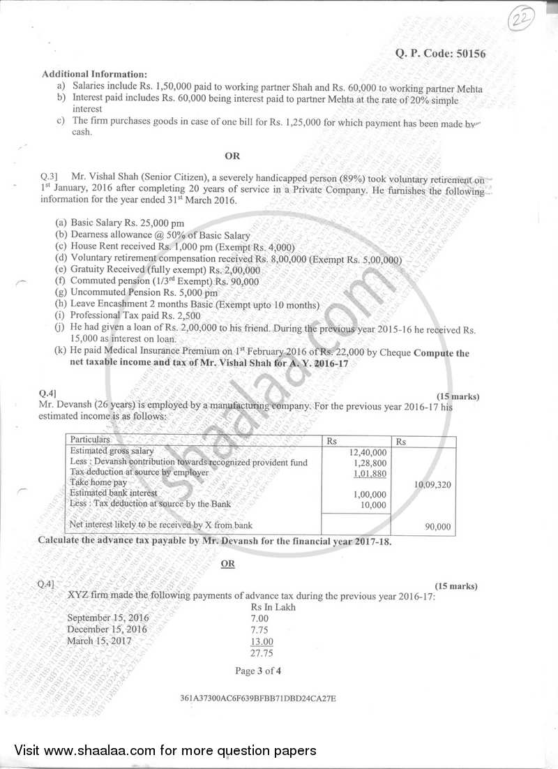 Taxation - 5 (Direct Taxes- 2) 2017-2018 - B.Com. - Semester 6 (TYBAF) - University of Mumbai question paper with PDF download