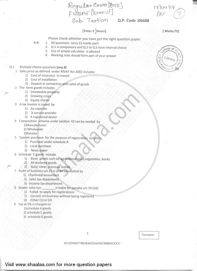 Taxation- Indirect Taxes 1 2017-2018 - B.Com. - Semester 2 (FYBAF) - University of Mumbai question paper with PDF download