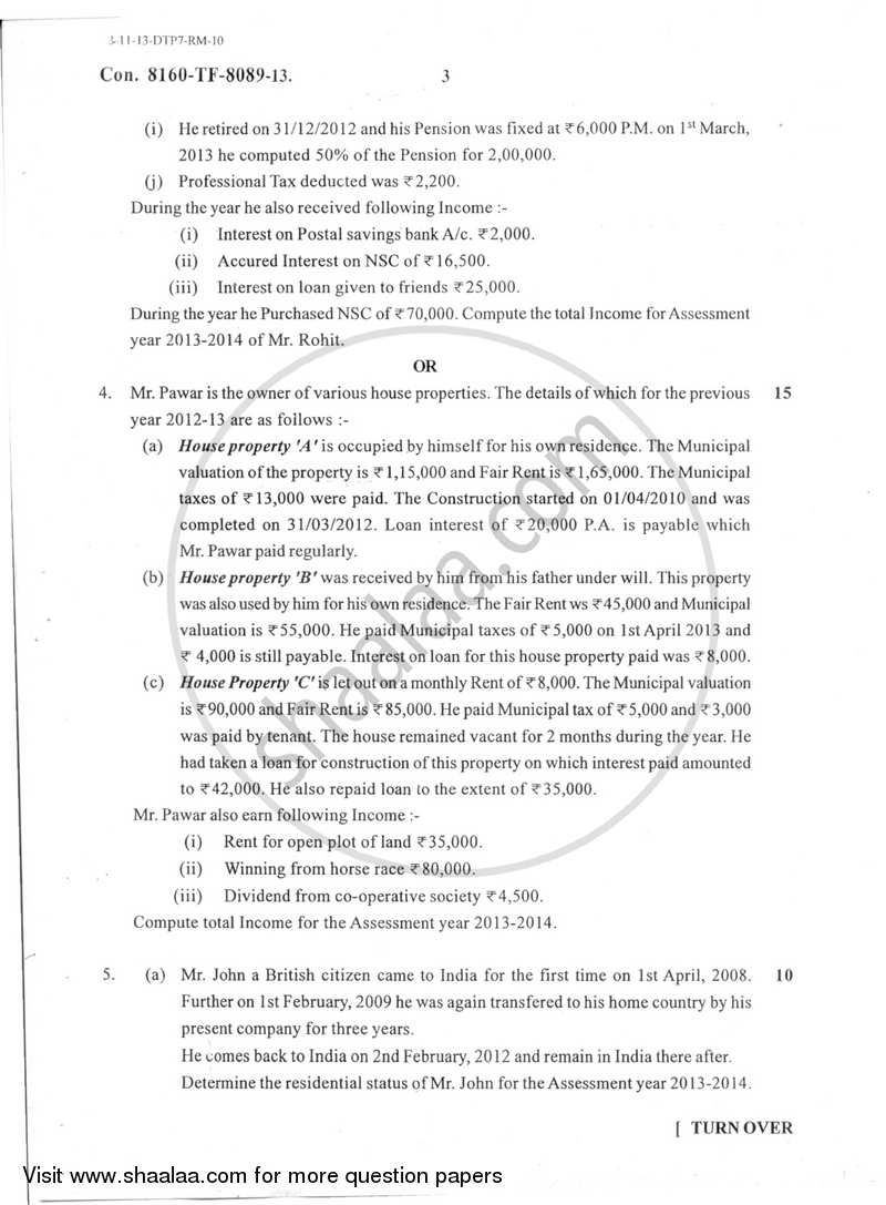 Taxation Paper 3 (Direct Tax Paper 1) 2013-2014 - B.Com. - Semester 5 (TYBAF) - University of Mumbai question paper with PDF download