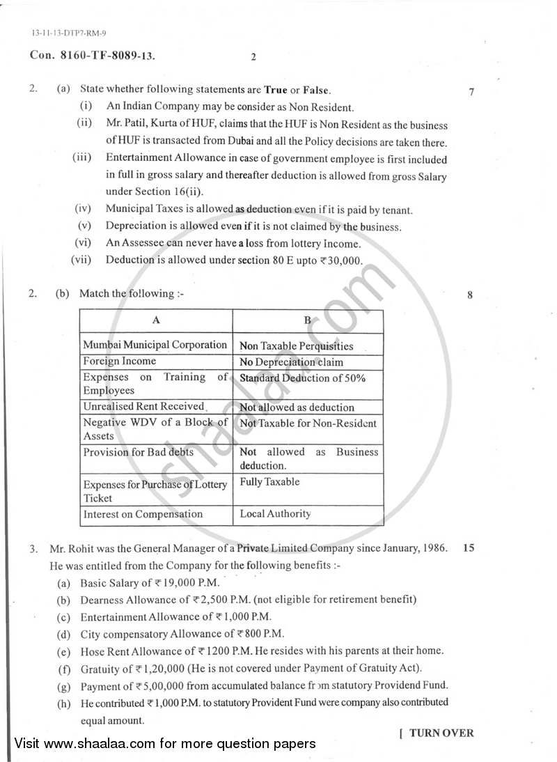 Taxation Paper 3 (Direct Tax Paper 1) 2013-2014 - B.Com. - Semester 5 (TYBAF) - University of Mumbai question paper with PDF download