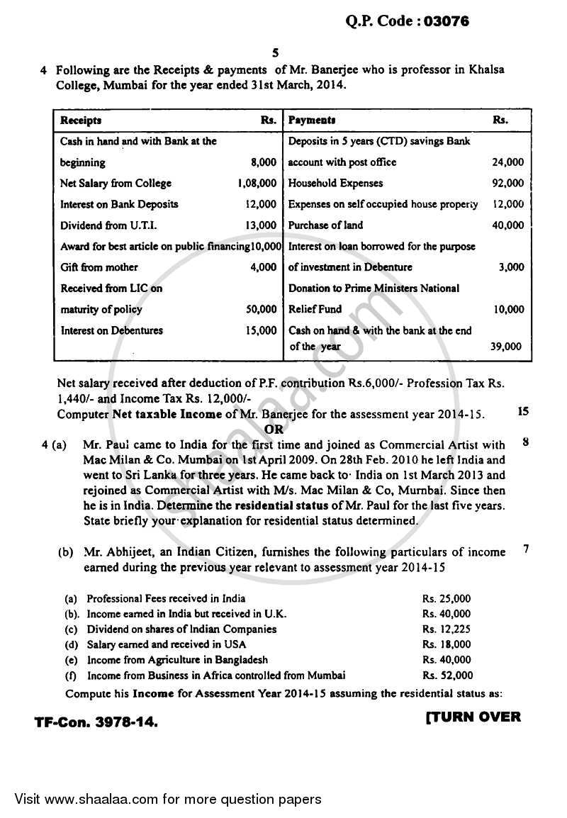 Taxation Paper 3 (Direct Tax Paper 1) 2014-2015 - B.Com. - Semester 5 (TYBAF) - University of Mumbai question paper with PDF download