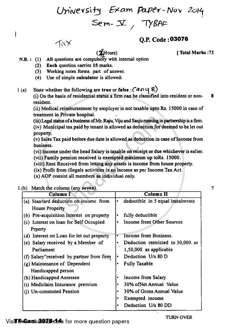 Taxation Paper 3 (Direct Tax Paper 1) 2014-2015 - B.Com. - Semester 5 (TYBAF) - University of Mumbai question paper with PDF download