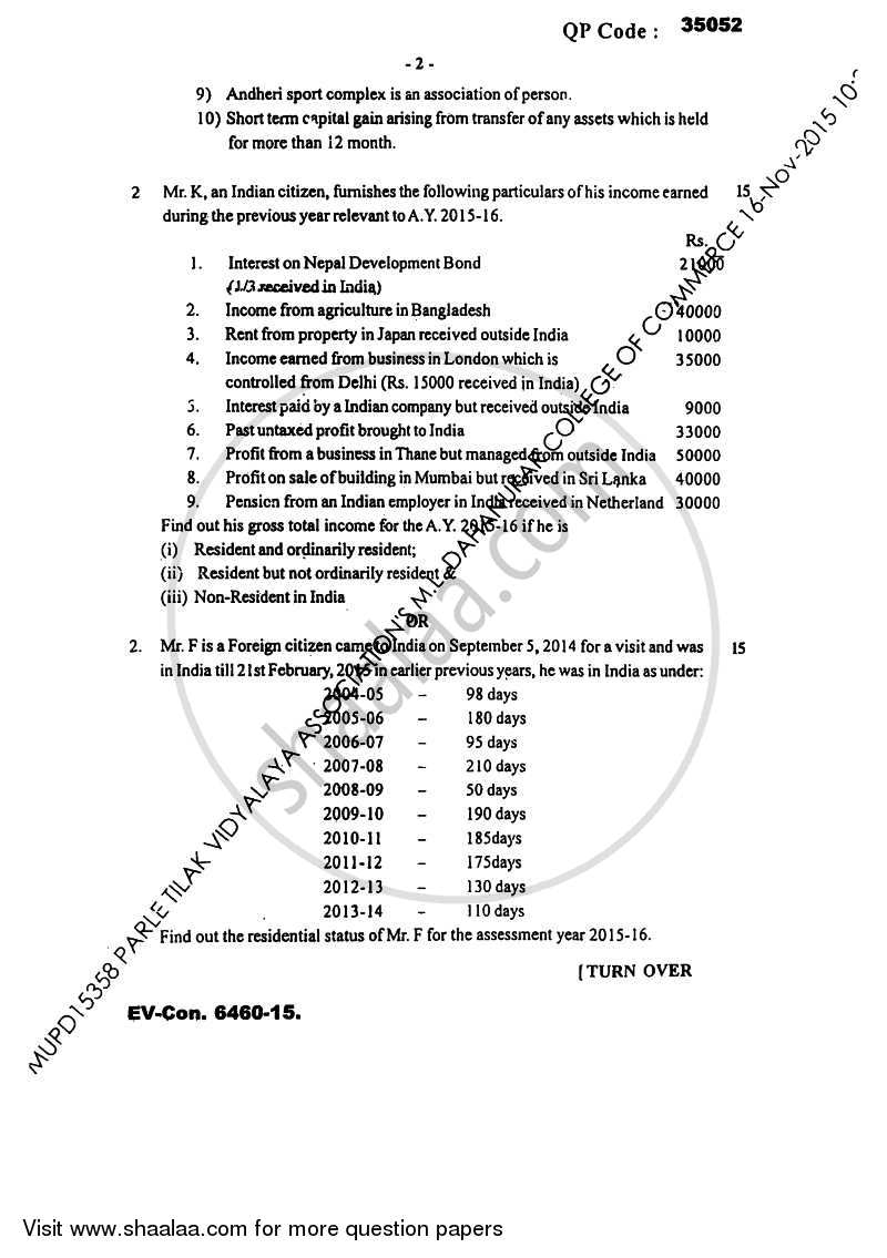 Taxation Paper 3 (Direct Tax Paper 1) 2015-2016 - B.Com. - Semester 5 (TYBAF) - University of Mumbai question paper with PDF download