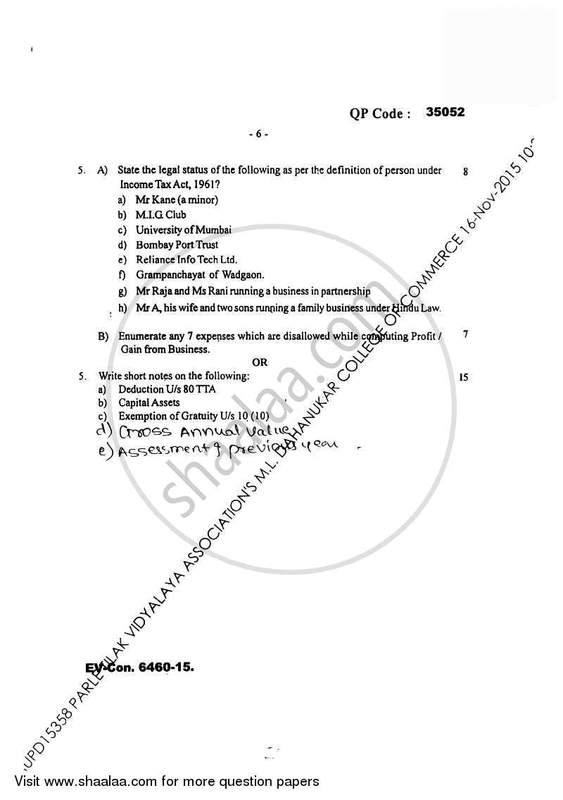 Taxation Paper 3 (Direct Tax Paper 1) 2015-2016 - B.Com. - Semester 5 (TYBAF) - University of Mumbai question paper with PDF download