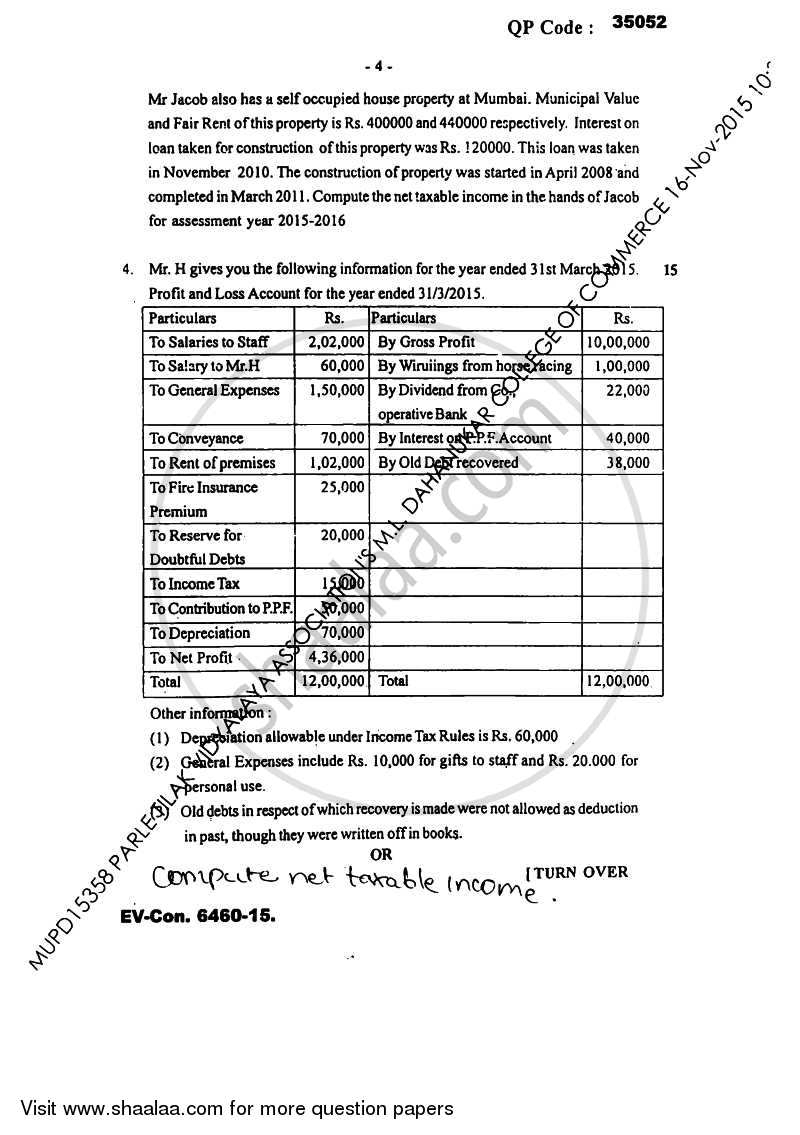 Taxation Paper 3 (Direct Tax Paper 1) 2015-2016 - B.Com. - Semester 5 (TYBAF) - University of Mumbai question paper with PDF download