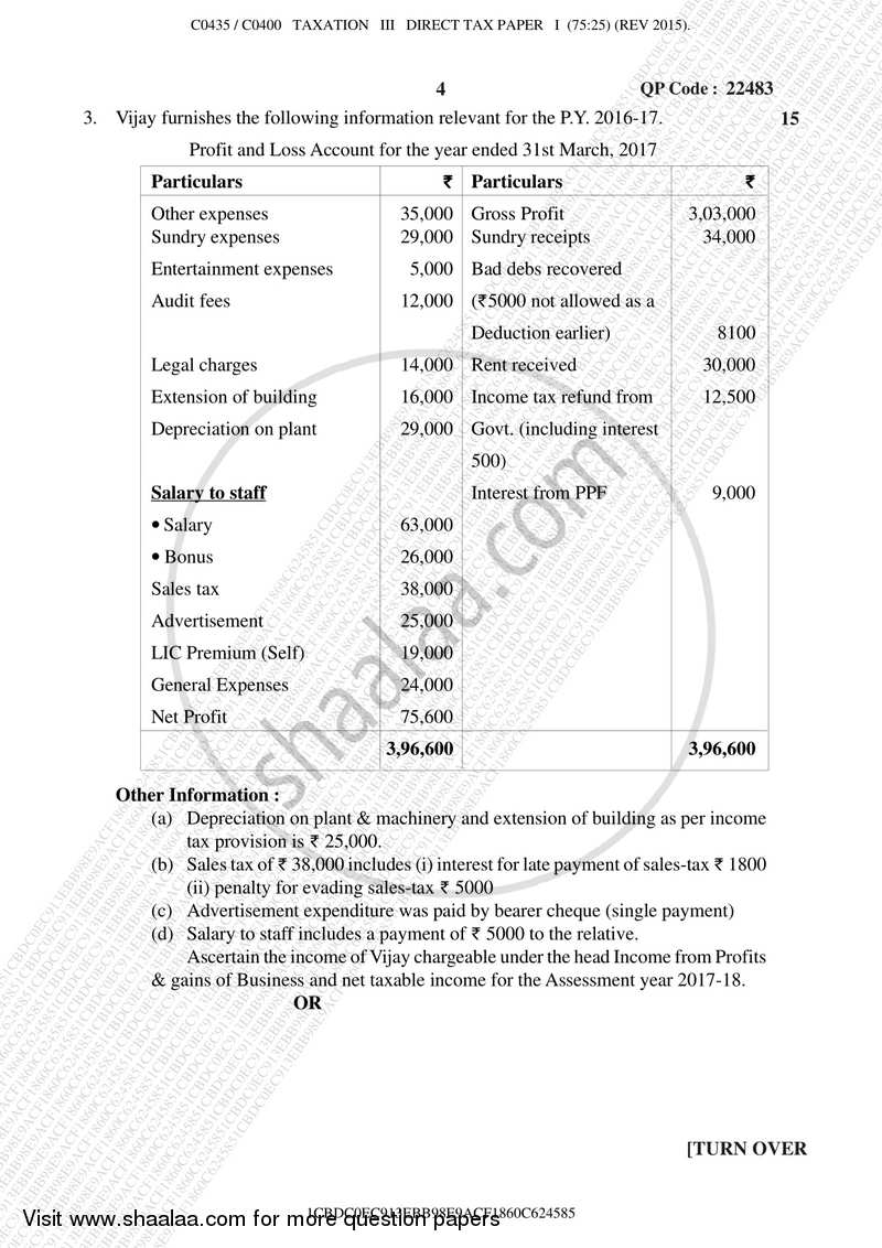 Taxation Paper 3 (Direct Tax Paper 1) 2017-2018 - B.Com. - Semester 5 (TYBAF) - University of Mumbai question paper with PDF download