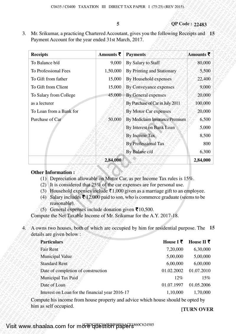 Taxation Paper 3 (Direct Tax Paper 1) 2017-2018 - B.Com. - Semester 5 (TYBAF) - University of Mumbai question paper with PDF download