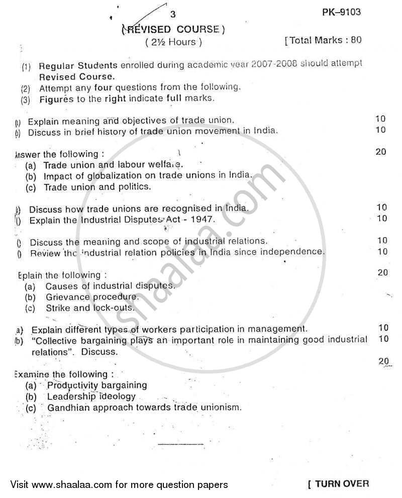 Trade Unionism and Industrial Relations 2007-2008 - B.Com. - 3rd Year (TYBcom) - University of Mumbai question paper with PDF download