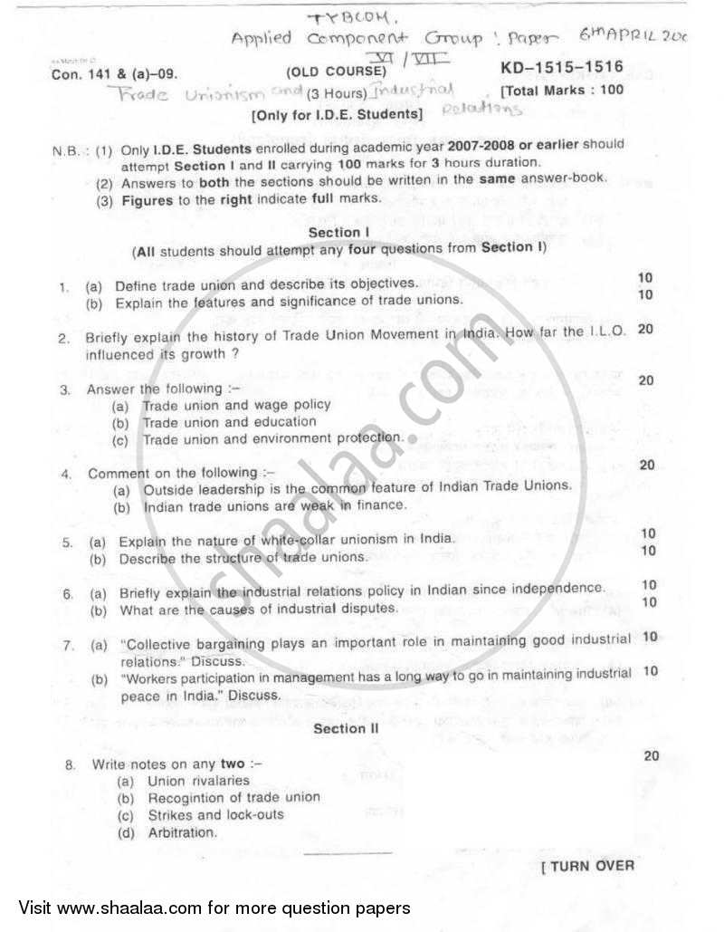 Trade Unionism and Industrial Relations 2008-2009 - B.Com. - 3rd Year (TYBcom) - University of Mumbai question paper with PDF download