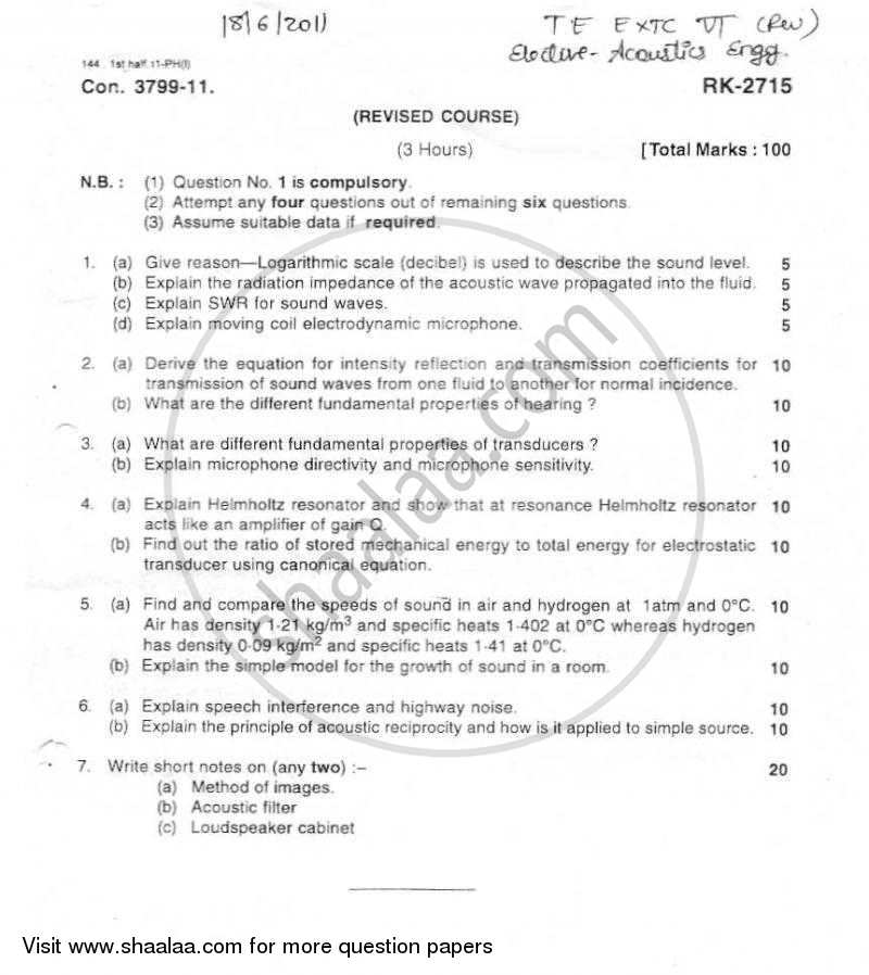 Acoustics Engineering 2010-2011 - B.E. - Semester 6 (TE Third Year) - University of Mumbai question paper with PDF download