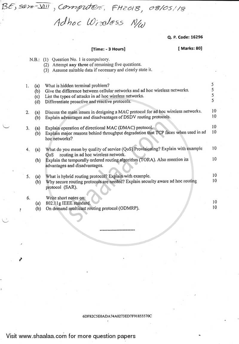 Adhoc Wireless Networks 2017-2018 - B.E. - Semester 8 (BE Fourth Year) - University of Mumbai question paper with PDF download