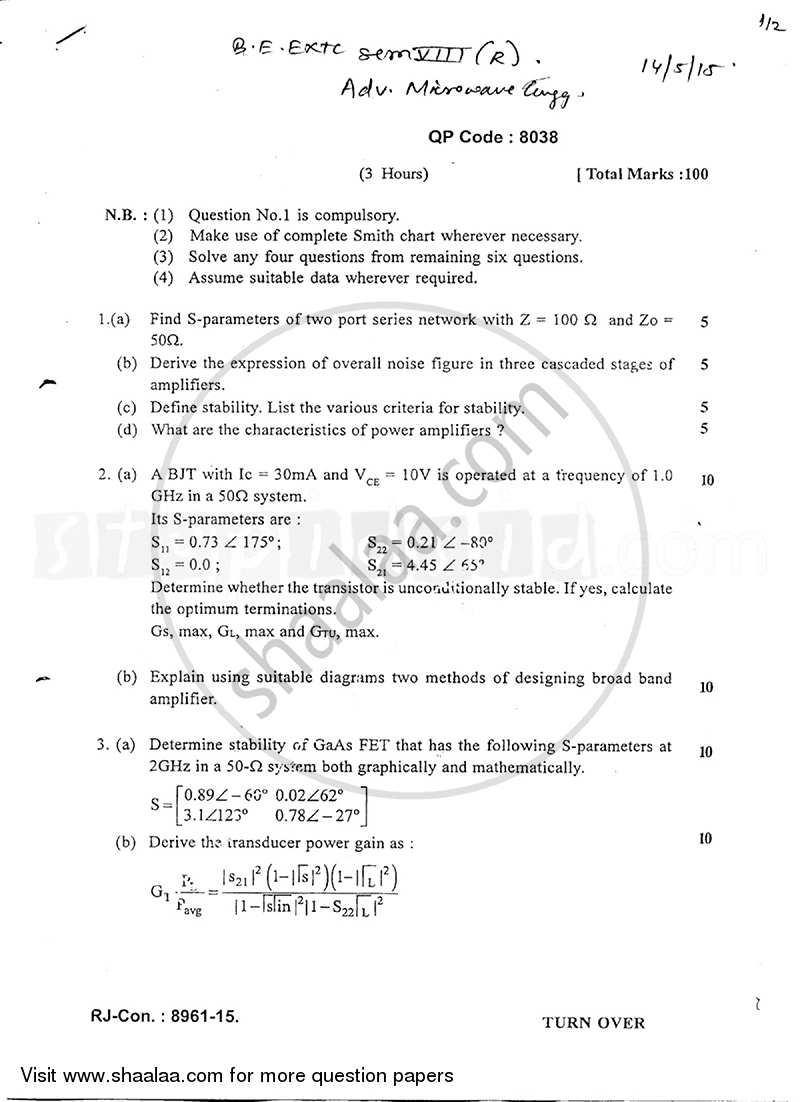 Advance Microwave Engineering 2014-2015 - B.E. - Semester 8 (BE Fourth Year) - University of Mumbai question paper with PDF download