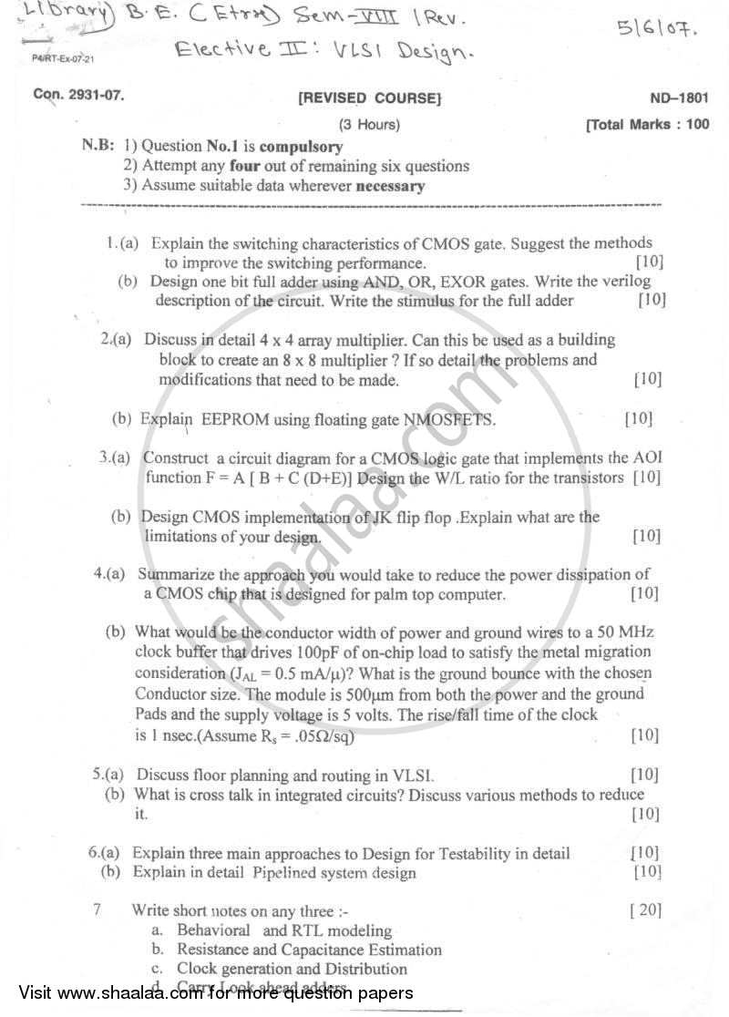Advance Vlsi Design 2006-2007 - B.E. - Semester 8 (BE Fourth Year) - University of Mumbai question paper with PDF download