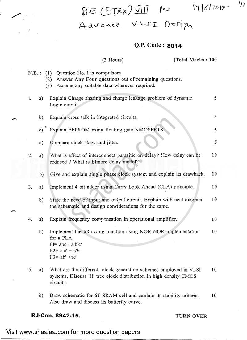 Advance Vlsi Design 2014-2015 - B.E. - Semester 8 (BE Fourth Year) - University of Mumbai question paper with PDF download