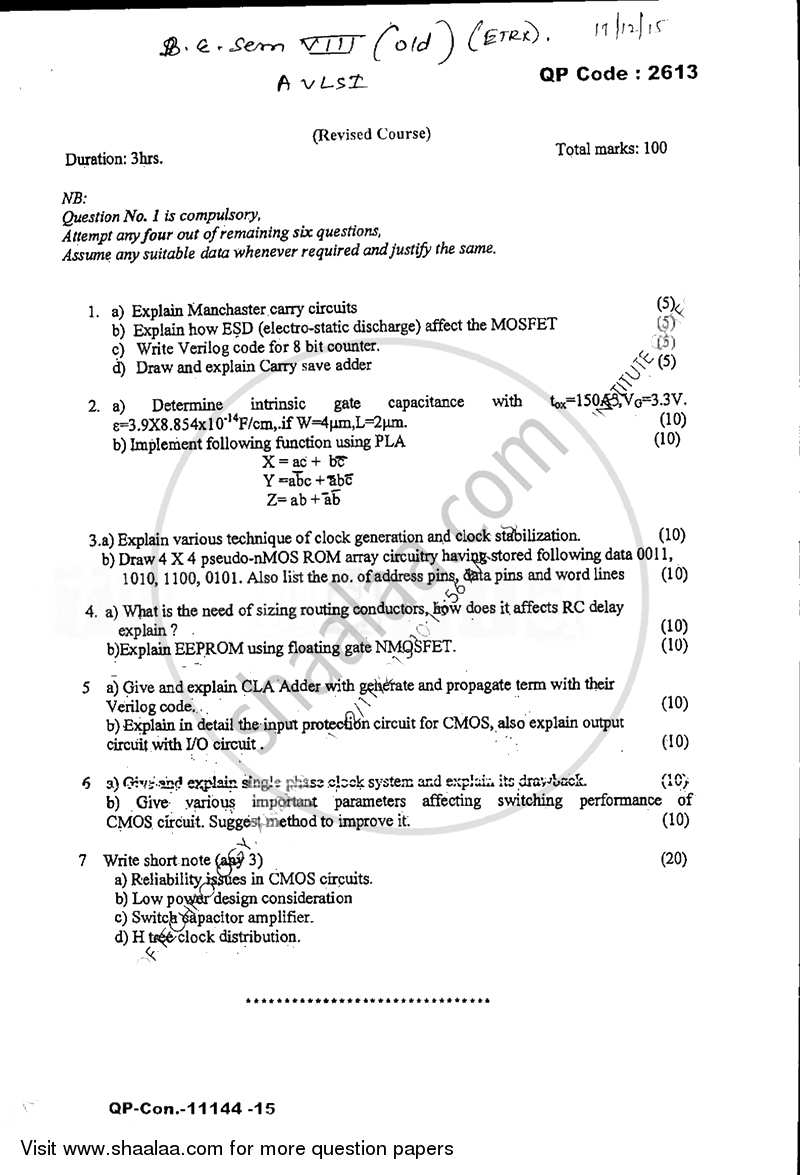 Advance Vlsi Design 2015-2016 - B.E. - Semester 8 (BE Fourth Year) - University of Mumbai question paper with PDF download