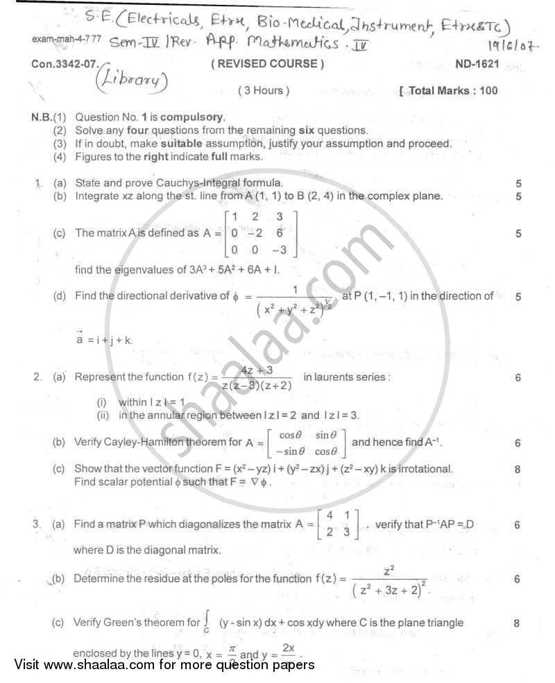Advanced Engineering Mathematics 2006-2007 - B.E. - Semester 4 (SE Second Year) - University of Mumbai question paper with PDF download