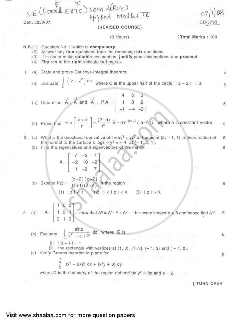 Advanced Engineering Mathematics 2007-2008 - B.E. - Semester 4 (SE Second Year) - University of Mumbai question paper with PDF download