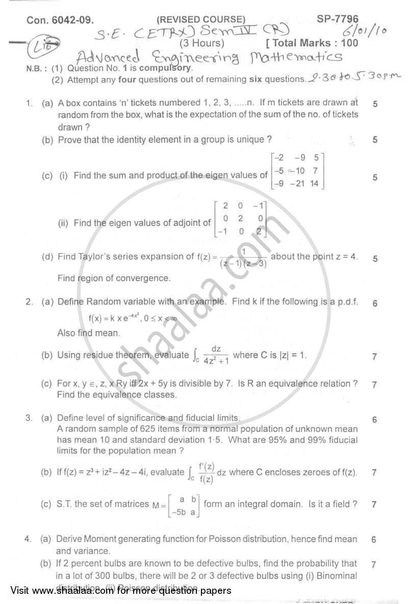 Advanced Engineering Mathematics 2009-2010 - B.E. - Semester 4 (SE Second Year) - University of Mumbai question paper with PDF download