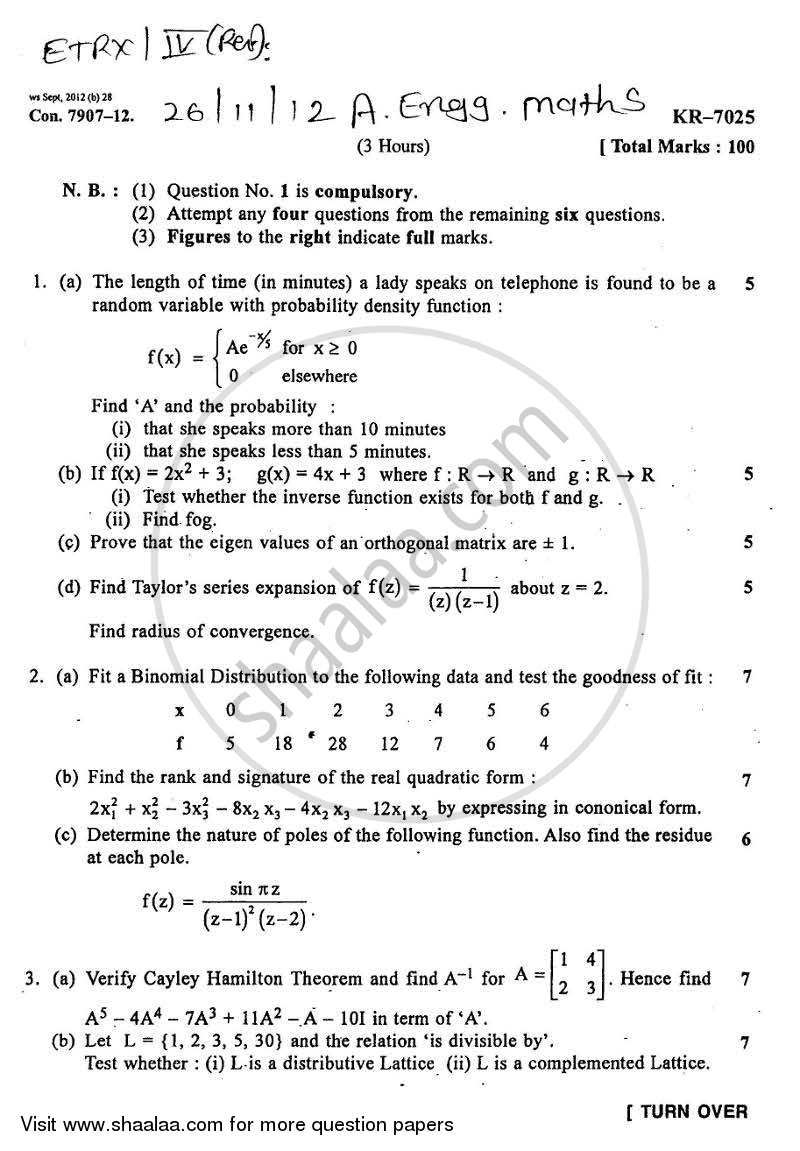 Advanced Engineering Mathematics 2012-2013 - B.E. - Semester 4 (SE Second Year) - University of Mumbai question paper with PDF download