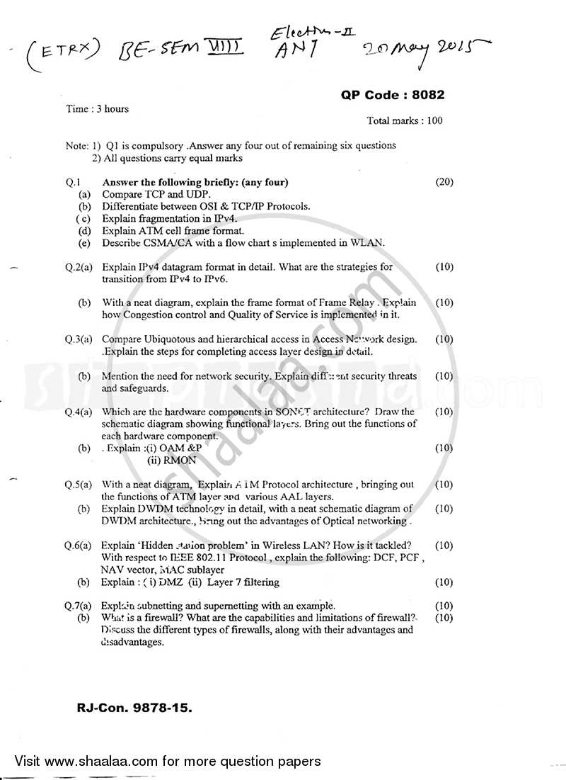 Advanced Networking Technologies 2014-2015 - B.E. - Semester 8 (BE Fourth Year) - University of Mumbai question paper with PDF download