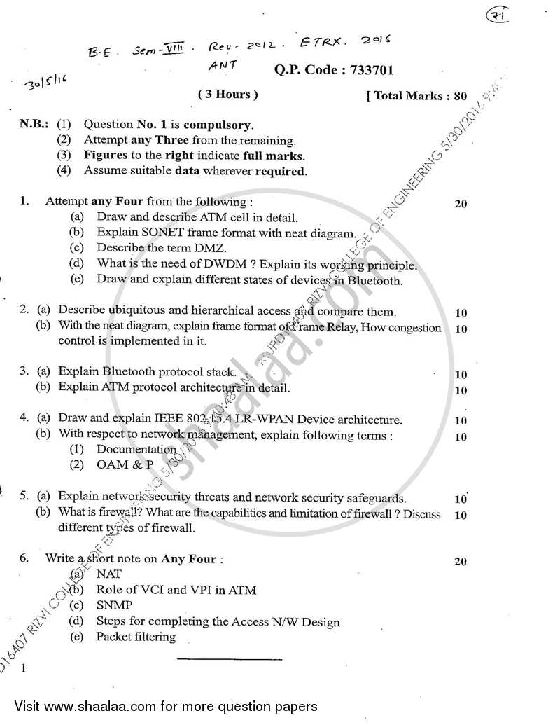 Advanced Networking Technologies 2015-2016 - B.E. - Semester 8 (BE Fourth Year) - University of Mumbai question paper with PDF download