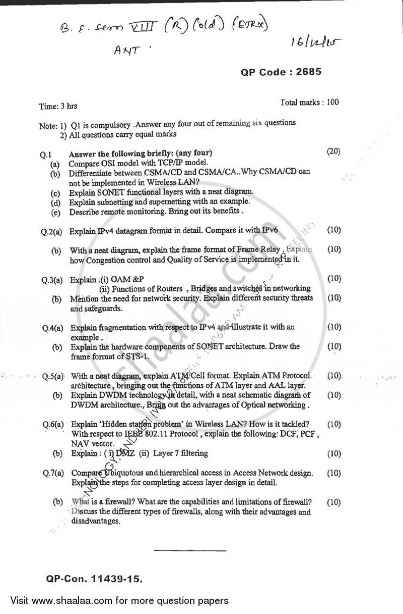 Advanced Networking Technologies 2015-2016 - B.E. - Semester 8 (BE Fourth Year) - University of Mumbai question paper with PDF download