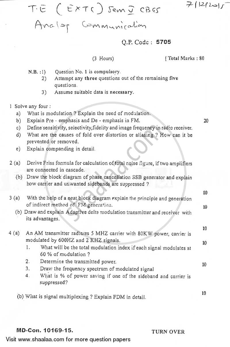 Analog Communications 2015-2016 - B.E. - Semester 5 (TE Third Year) - University of Mumbai question paper with PDF download