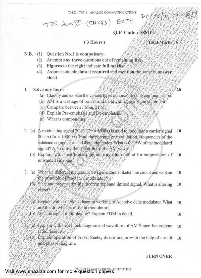 Analog Communications 2016-2017 - B.E. - Semester 5 (TE Third Year) - University of Mumbai question paper with PDF download