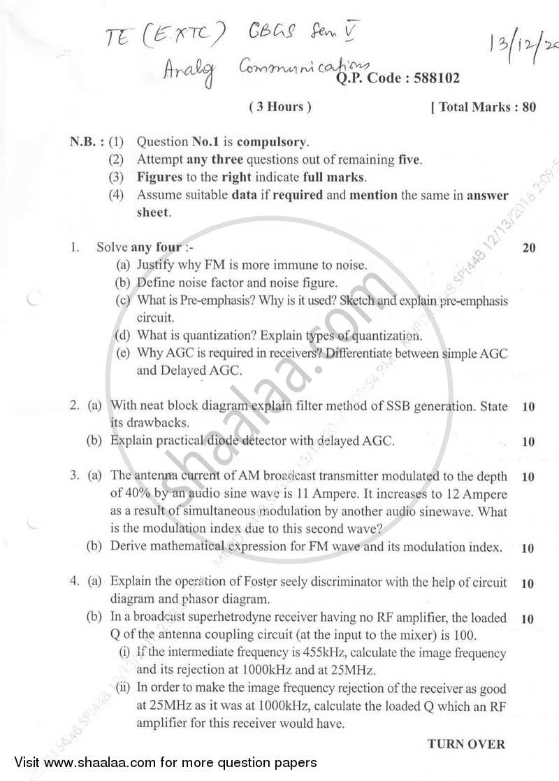 Analog Communications 2016-2017 - B.E. - Semester 5 (TE Third Year) - University of Mumbai question paper with PDF download