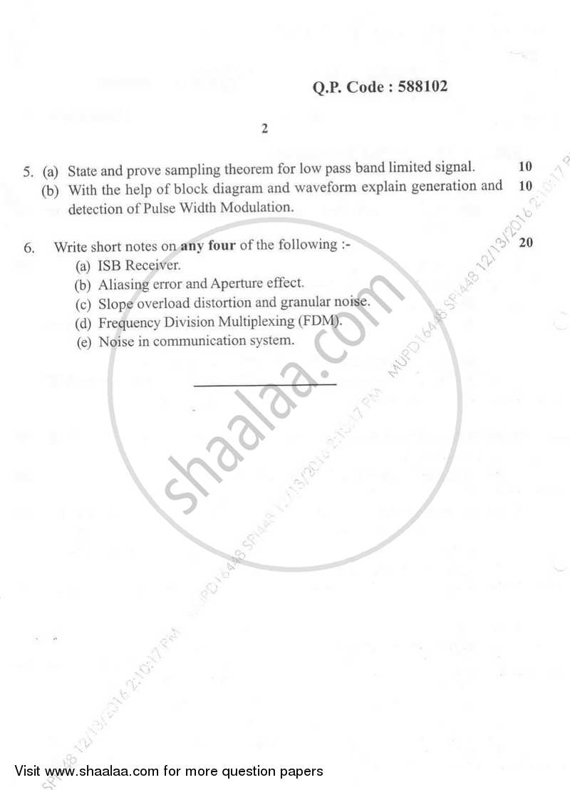 Analog Communications 2016-2017 - B.E. - Semester 5 (TE Third Year) - University of Mumbai question paper with PDF download