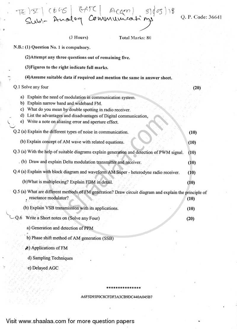 Analog Communications 2017-2018 - B.E. - Semester 5 (TE Third Year) - University of Mumbai question paper with PDF download