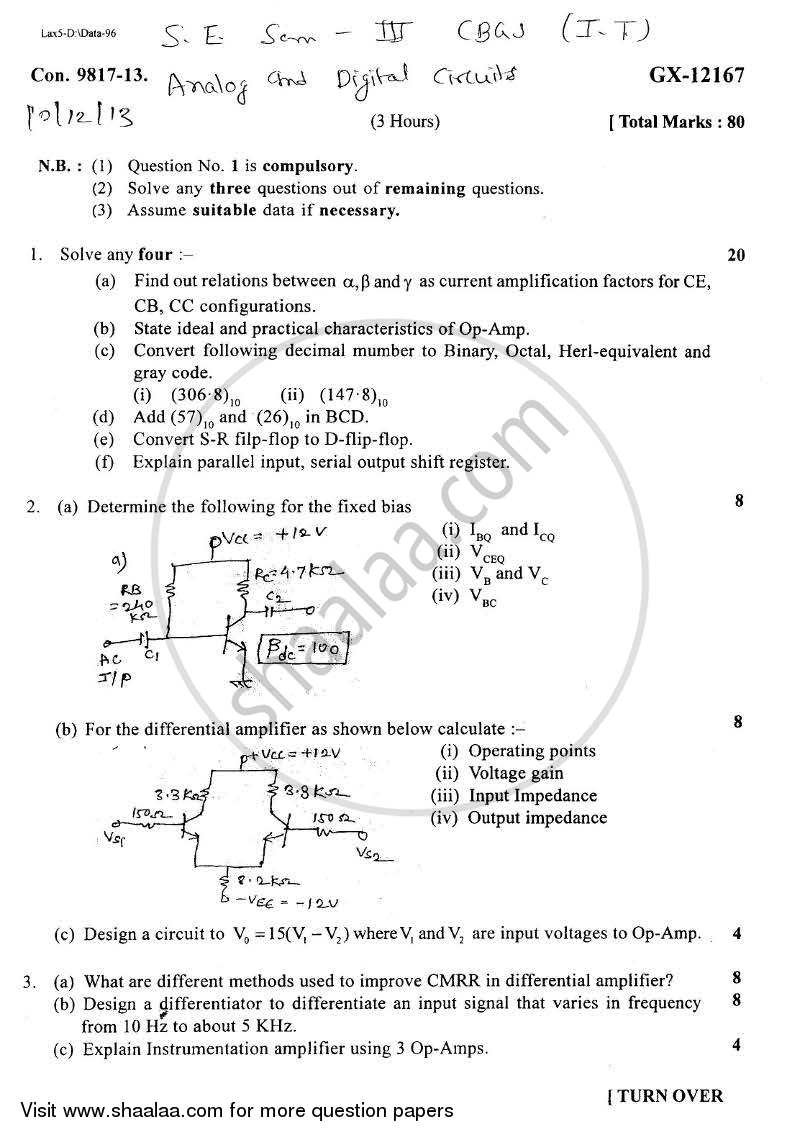 Analog and Digital Circuits 2013-2014 - B.E. - Semester 3 (SE Second Year) - University of Mumbai question paper with PDF download