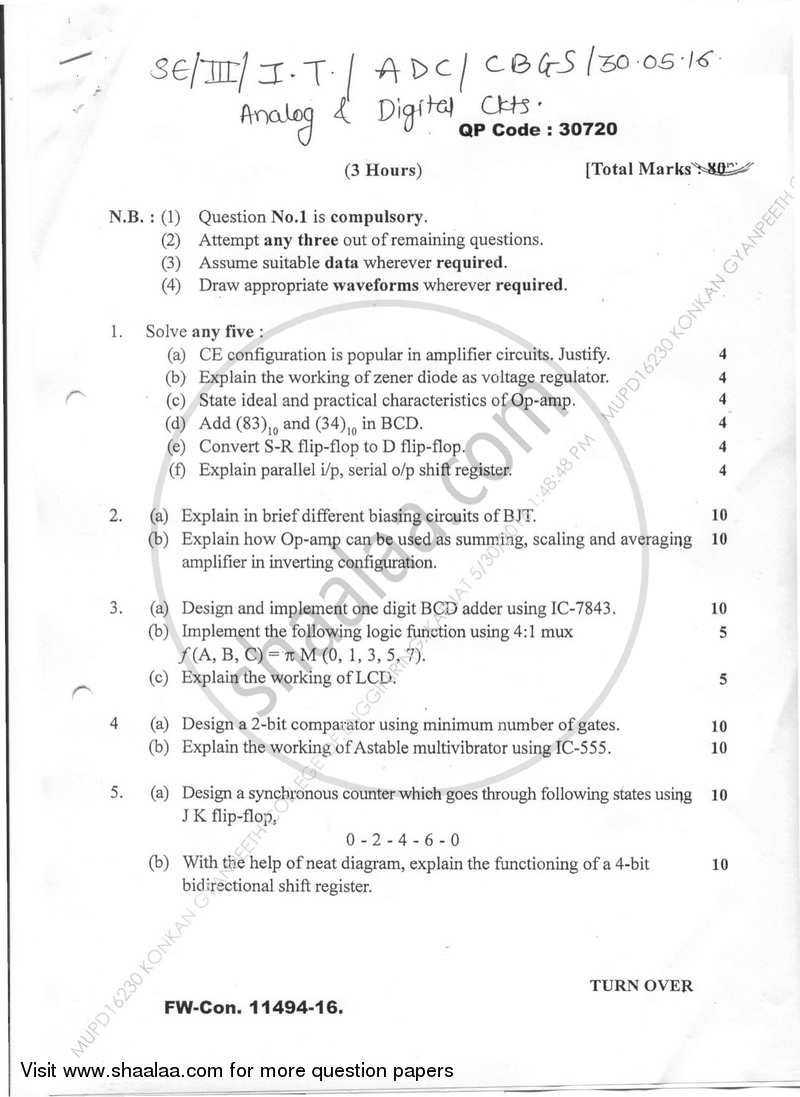 Analog and Digital Circuits 2015-2016 - B.E. - Semester 3 (SE Second Year) - University of Mumbai question paper with PDF download