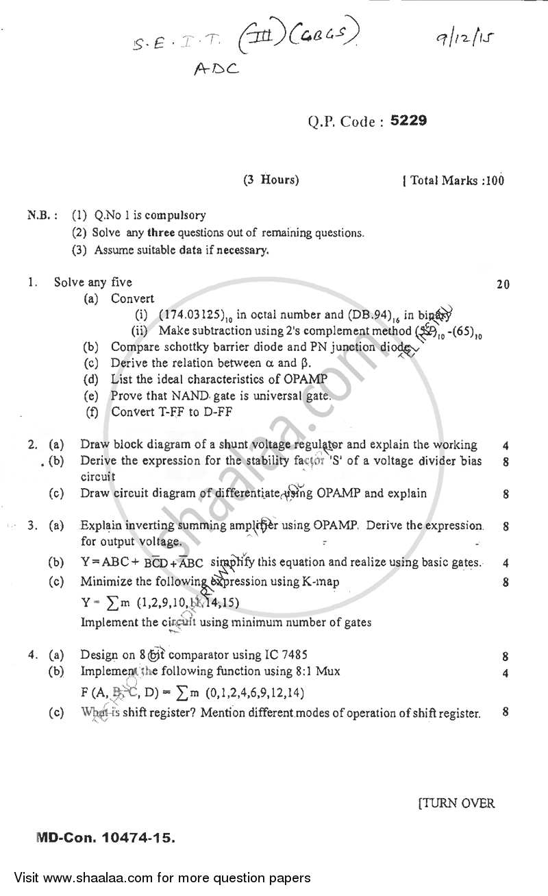 Analog and Digital Circuits 2015-2016 - B.E. - Semester 3 (SE Second Year) - University of Mumbai question paper with PDF download
