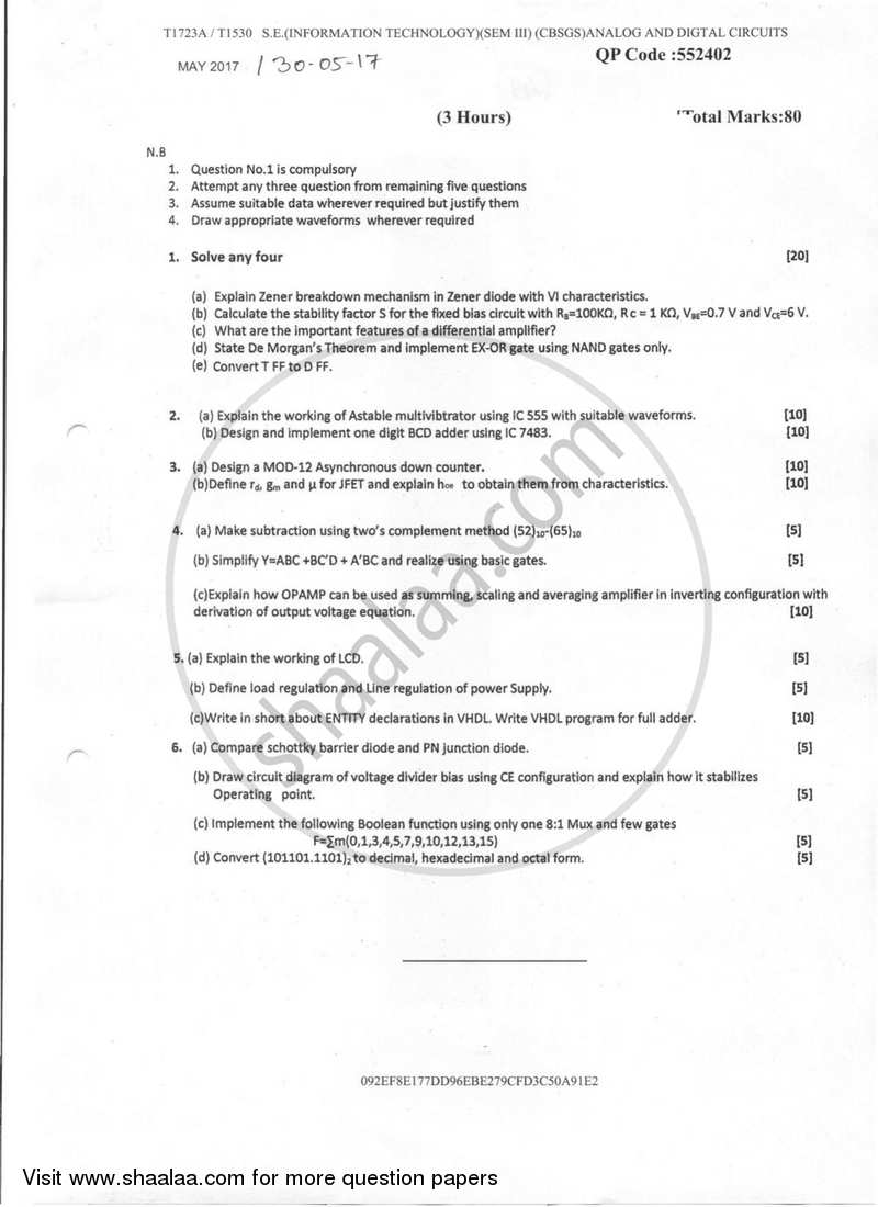 Analog and Digital Circuits 2016-2017 - B.E. - Semester 3 (SE Second Year) - University of Mumbai question paper with PDF download
