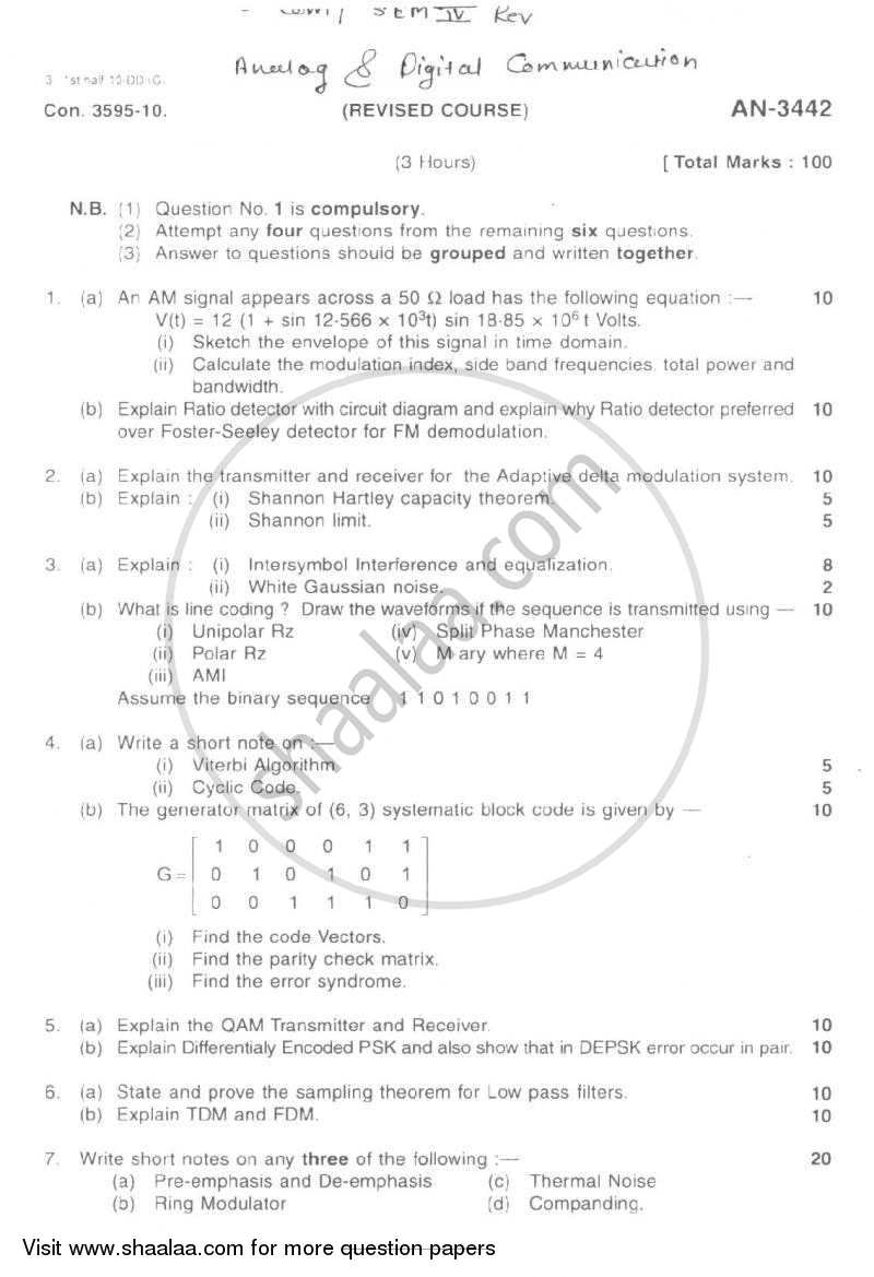 Analog and Digital Communication 2009-2010 - B.E. - Semester 4 (SE Second Year) - University of Mumbai question paper with PDF download