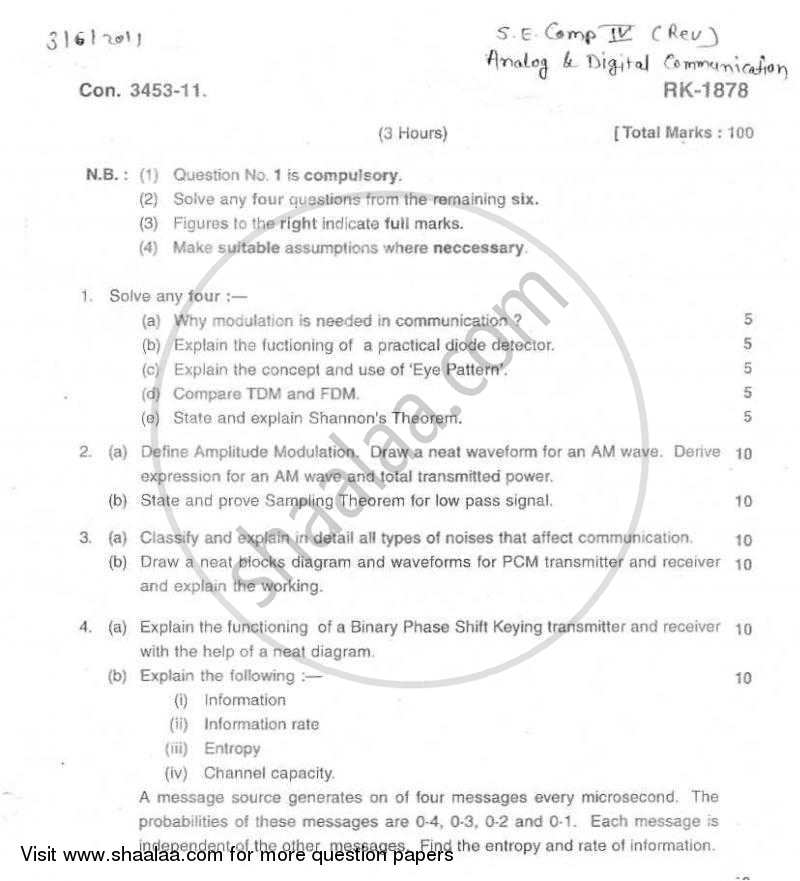 Analog and Digital Communication 2010-2011 - B.E. - Semester 4 (SE Second Year) - University of Mumbai question paper with PDF download