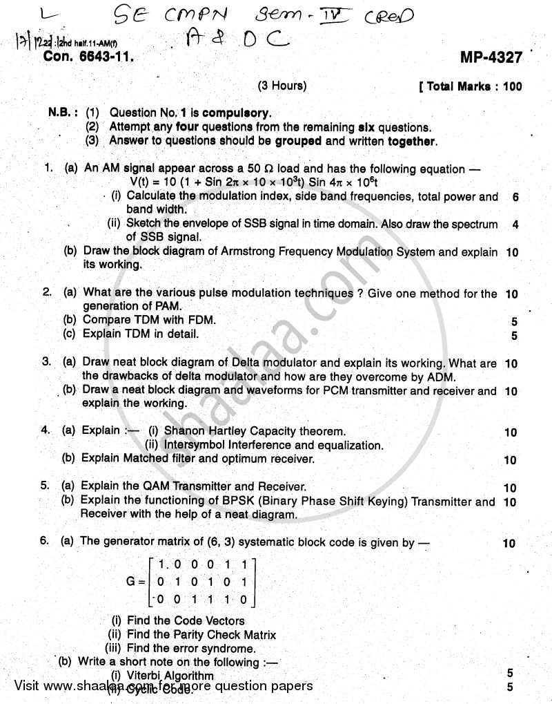 Analog and Digital Communication 2011-2012 - B.E. - Semester 4 (SE Second Year) - University of Mumbai question paper with PDF download