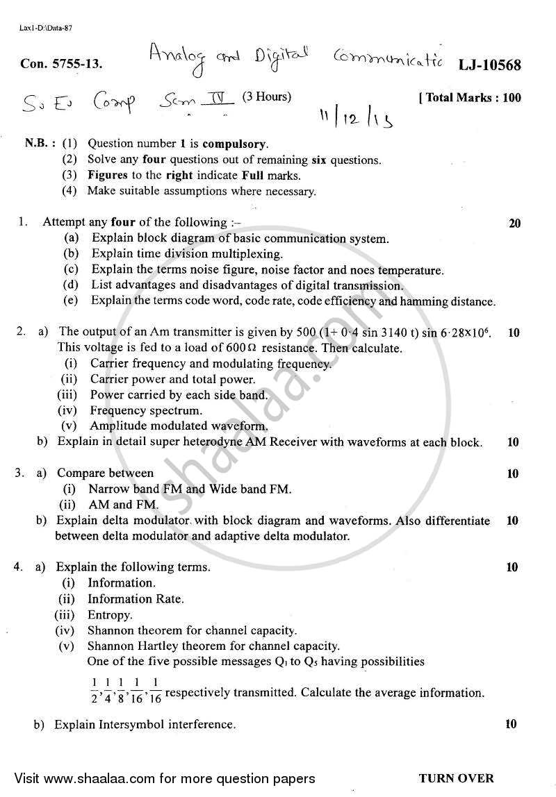 Analog and Digital Communication 2013-2014 - B.E. - Semester 4 (SE Second Year) - University of Mumbai question paper with PDF download