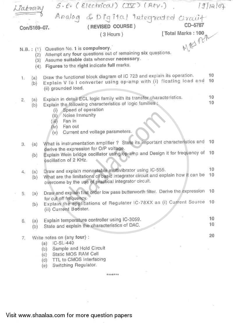 Analog and Digital Integrated Circuits 2007-2008 - B.E. - Semester 4 (SE Second Year) - University of Mumbai question paper with PDF download