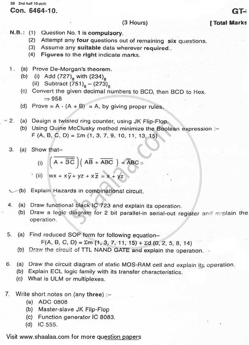 Analog and Digital Integrated Circuits 2010-2011 - B.E. - Semester 4 (SE Second Year) - University of Mumbai question paper with PDF download