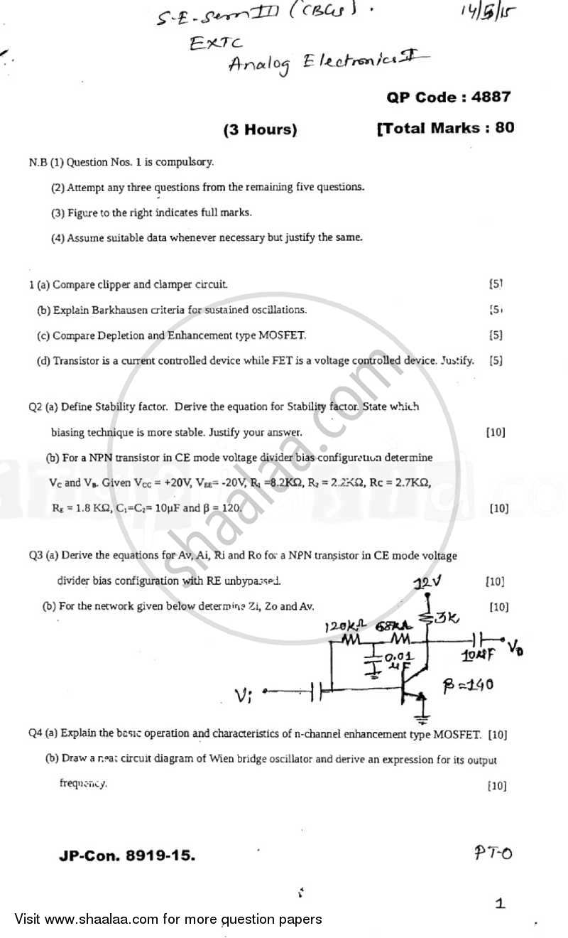 Analog Electronics 1 2014-2015 - B.E. - Semester 3 (SE Second Year) - University of Mumbai question paper with PDF download