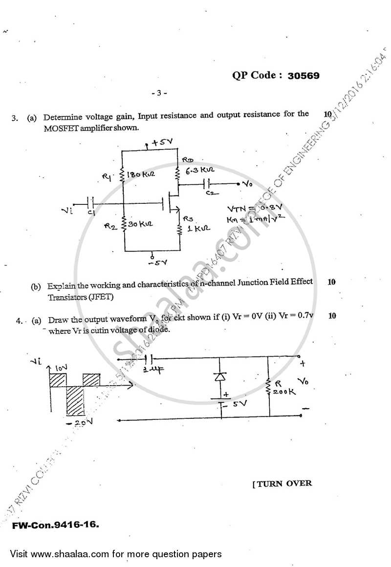 Analog Electronics 1 2015-2016 - B.E. - Semester 3 (SE Second Year) - University of Mumbai question paper with PDF download
