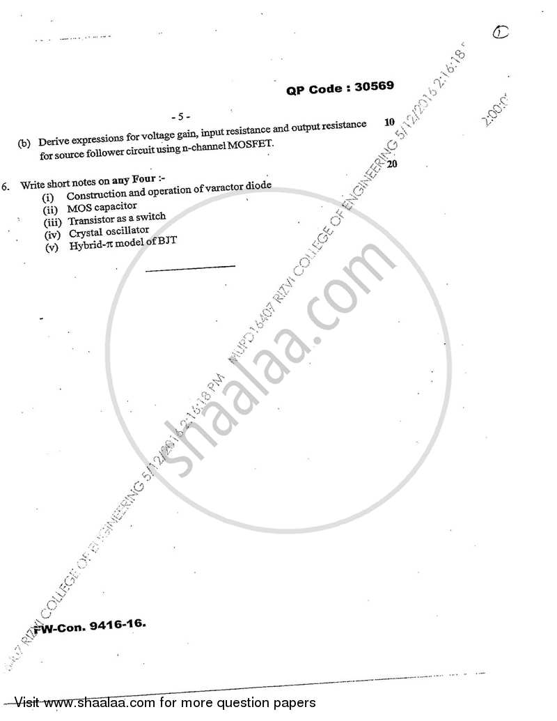 Analog Electronics 1 2015-2016 - B.E. - Semester 3 (SE Second Year) - University of Mumbai question paper with PDF download